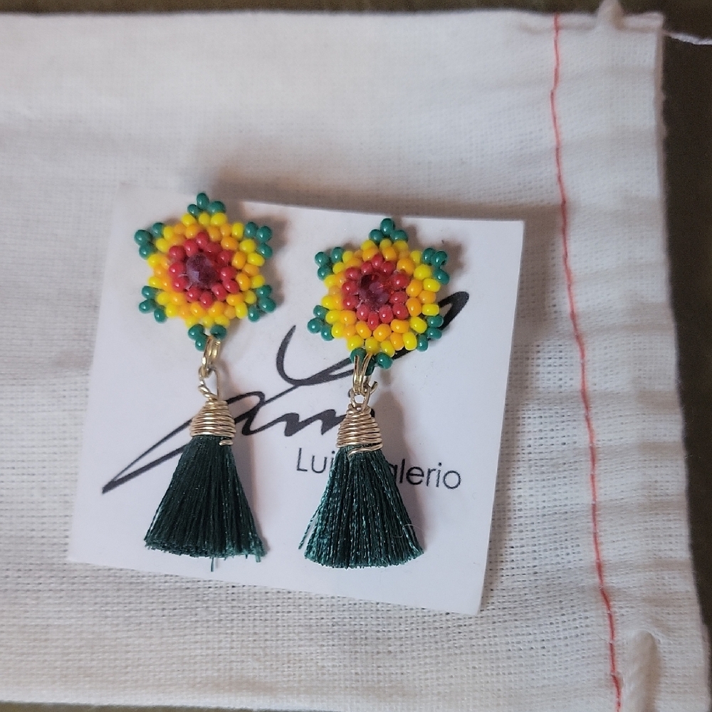 Red, Yellow and Green Floral Tassel Earrings